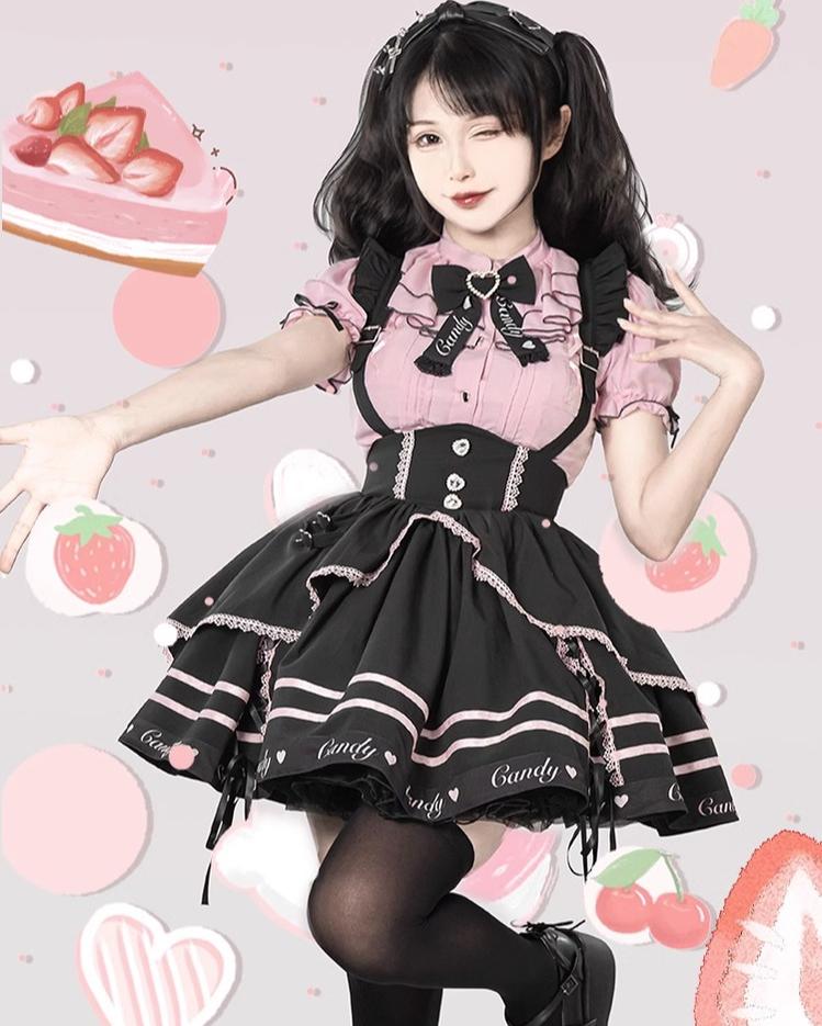 Pink Jirai Kei Short-sleeved Blouse, Puffy Sleeves 22780:342682