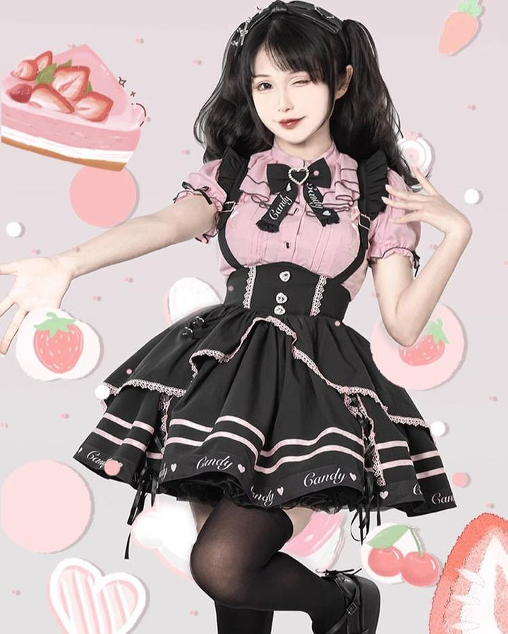 Pink Jirai Kei Short-sleeved Blouse, Puffy Sleeves 22780:342682