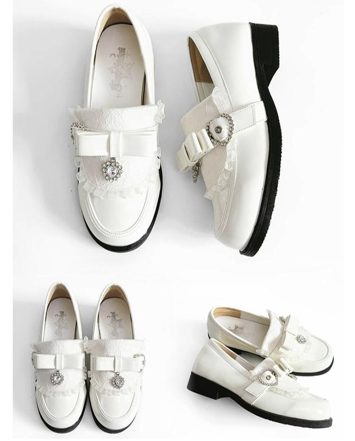 Jirai Kei Low-Heel Loafer Shoes, Rhinestones & Bow 43944:790337