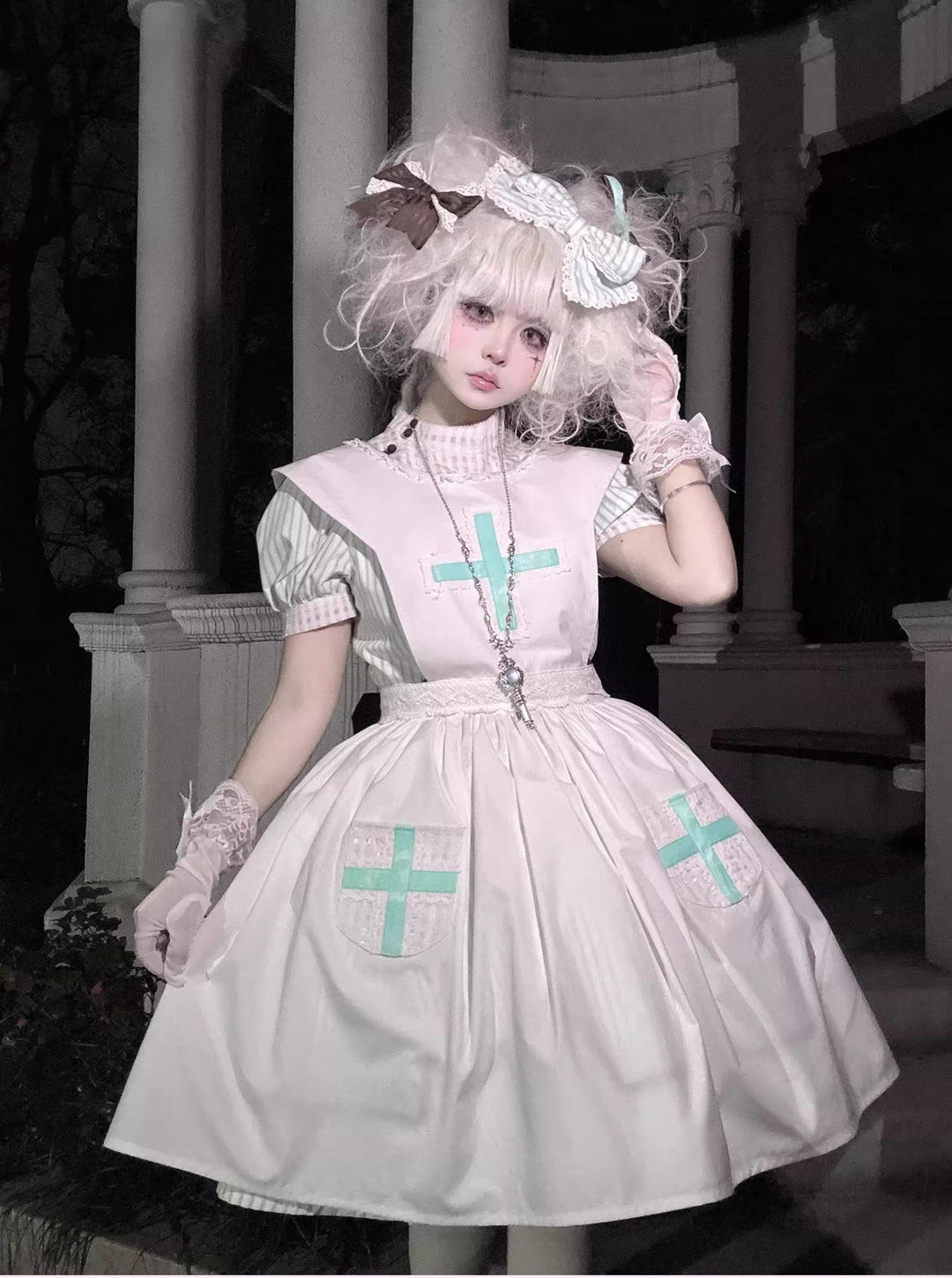 Old School Lolita Striped Dress, Cross Apron 45136:836826