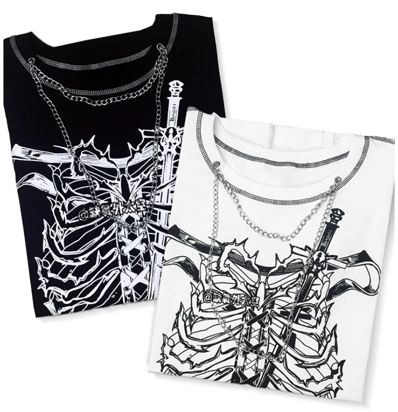 Gothic T-shirt Punk Ribbone Print Top Drop-Shoulder Shirt 39132:614786
