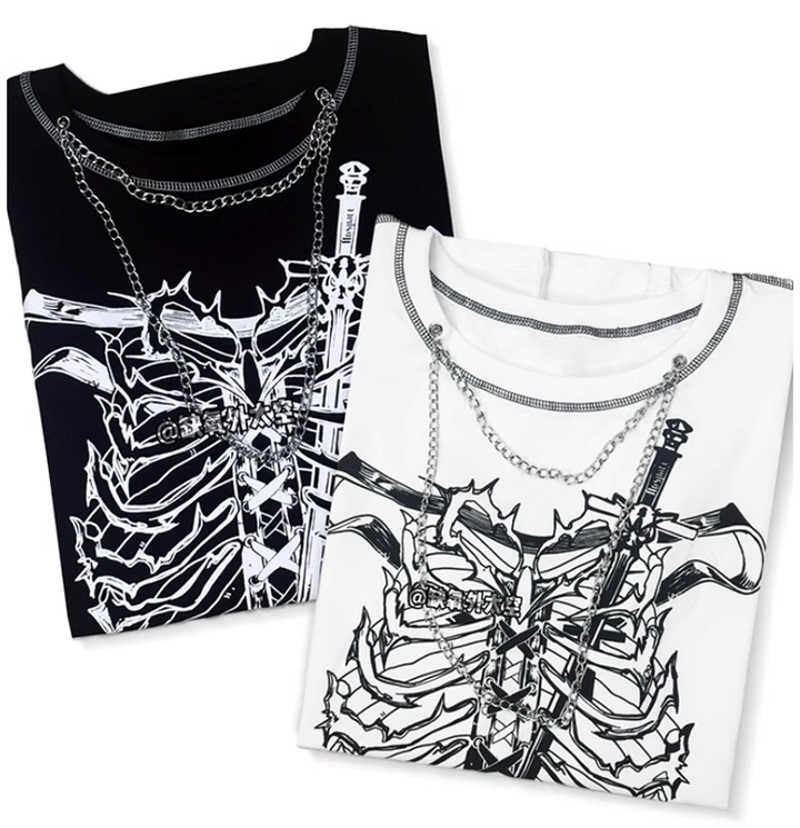 Gothic T-shirt Punk Ribbone Print Top Drop-Shoulder Shirt 39132:614786