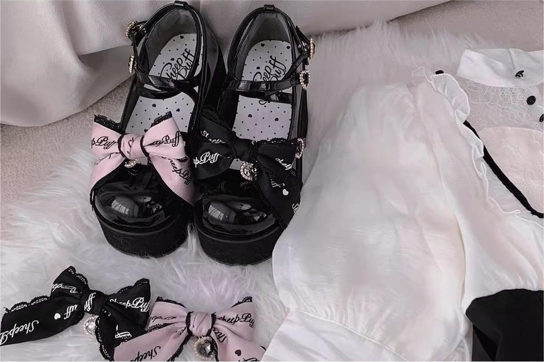 Jirai Kei Shoes Black Pink Platform Shoes Bow Buckle Shoes 21984:351146