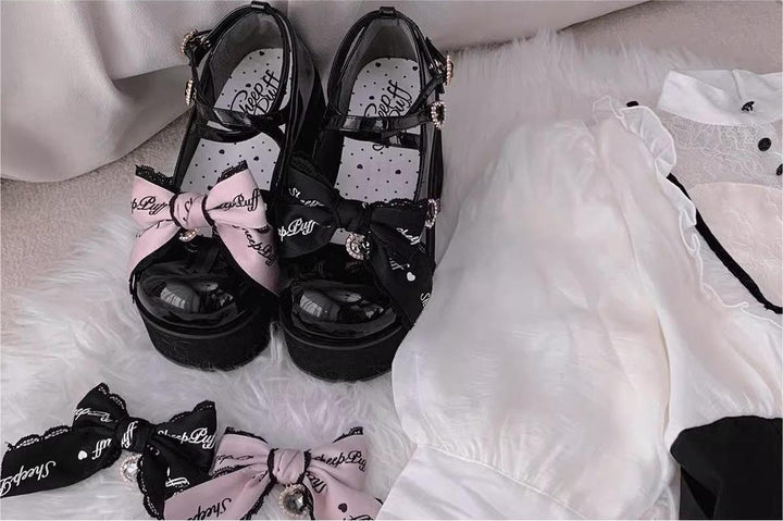 Jirai Kei Shoes Black Pink Platform Shoes Bow Buckle Shoes 21984:351146