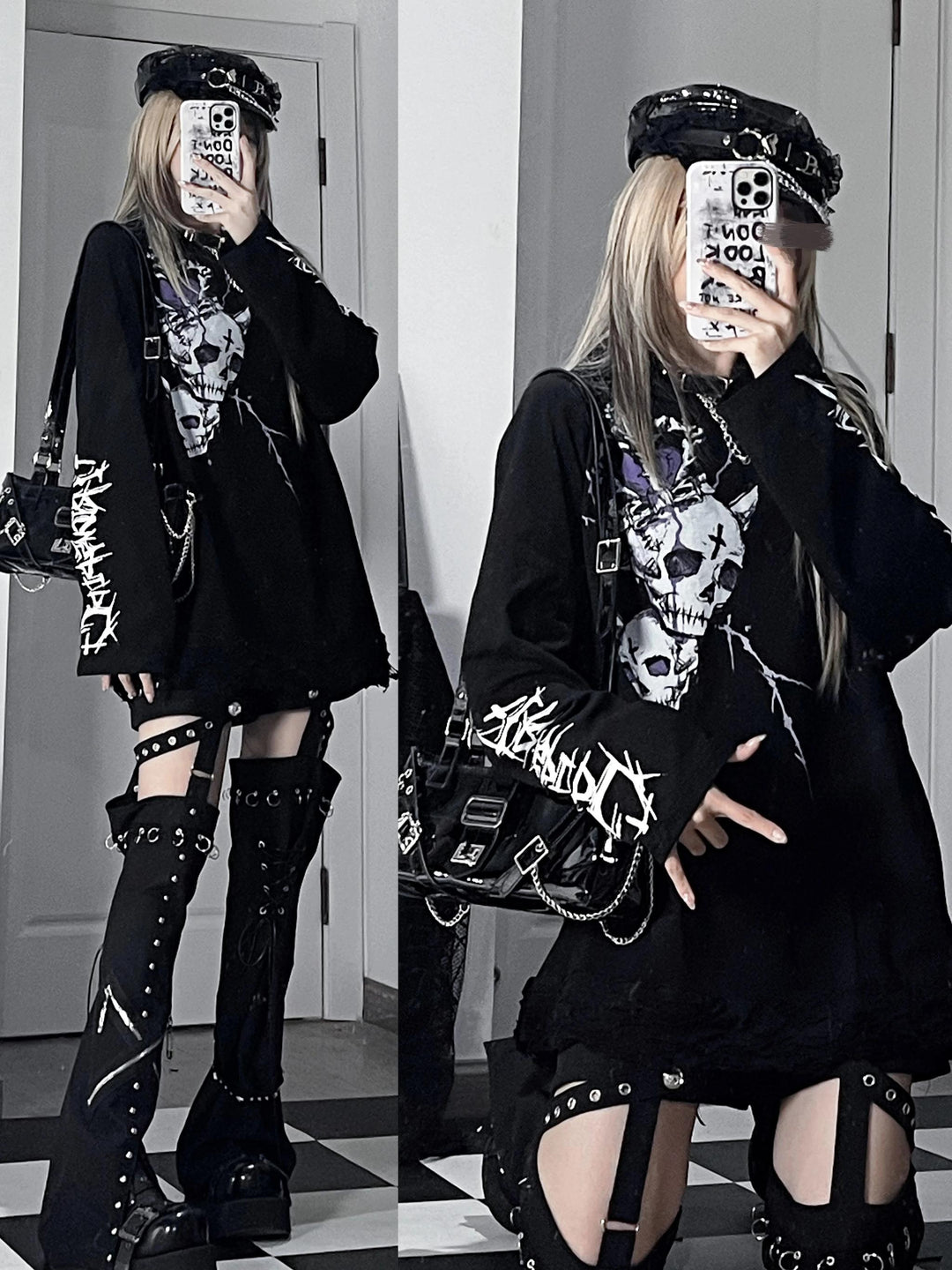 Gothic Cotton Hooded Shirt, Skull Printed 43876:788976