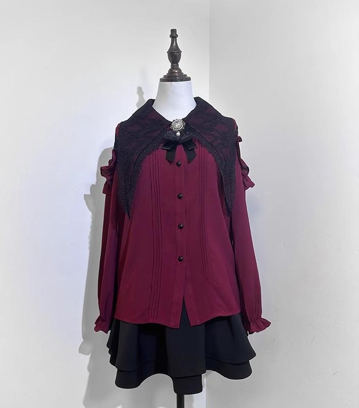 Pointed Lace Collar Jirai Kei Blouse & Black Skirt (2XL L M XL) 42949:769835