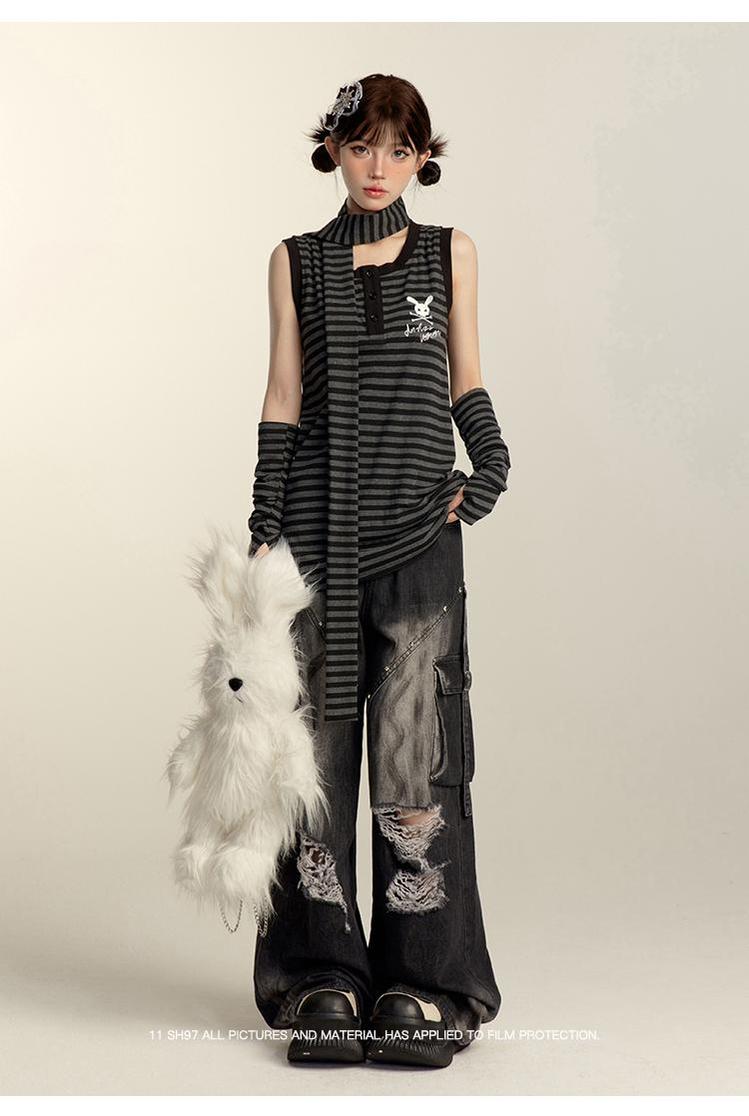 Punk Pants Black Straight Wide Leg Ripped Jeans Autumn 39760:642264