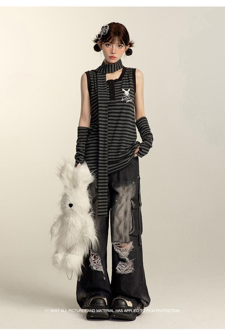 Punk Pants Black Straight Wide Leg Ripped Jeans Autumn 39760:642264