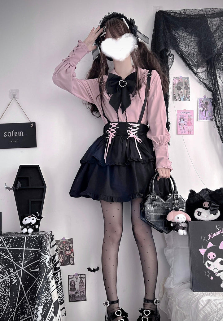 Pink Jirai Kei Blouse, Black Lace Up Skirt 21832:760694