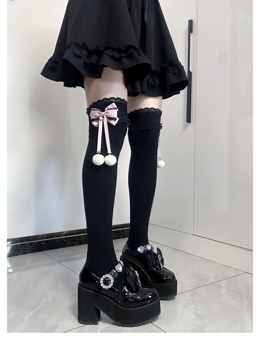 Jirai Kei Knee Socks Lace Bow Pom-Pom Mid-Calf Socks 40886:678978
