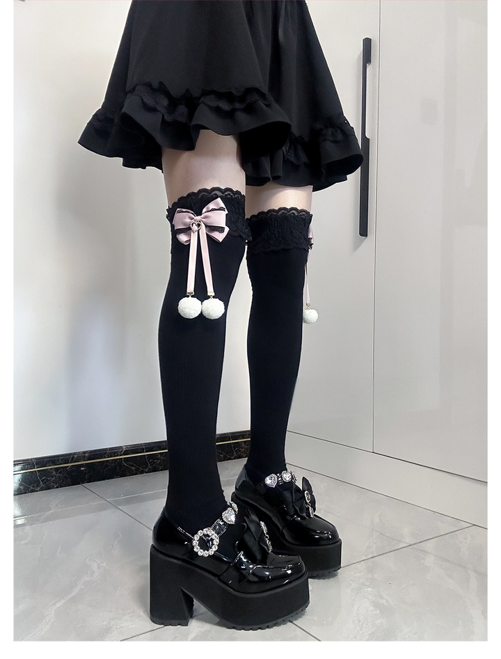 Jirai Kei Knee Socks Lace Bow Pom-Pom Mid-Calf Socks 40886:678978
