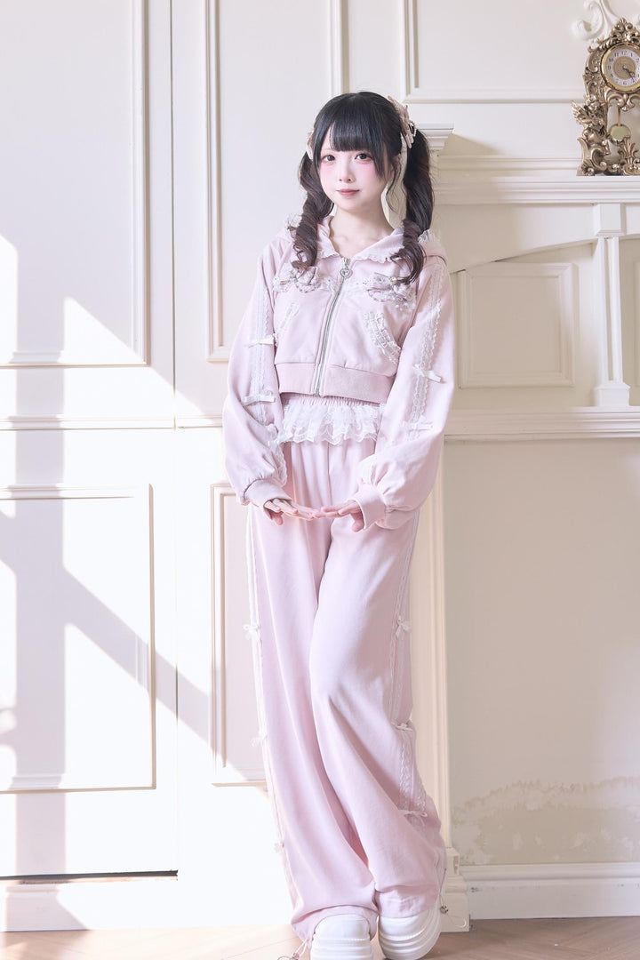 Sport Jirai Kei Hoodie Jacket Pants and Skirt with Lace Detail (Pink / L M) 42521:752320