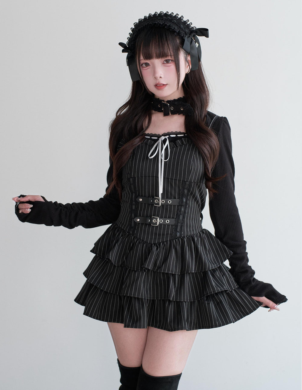 Jirai Kei Strappy Mini Dress, Tiered Ruffles 44328:805471