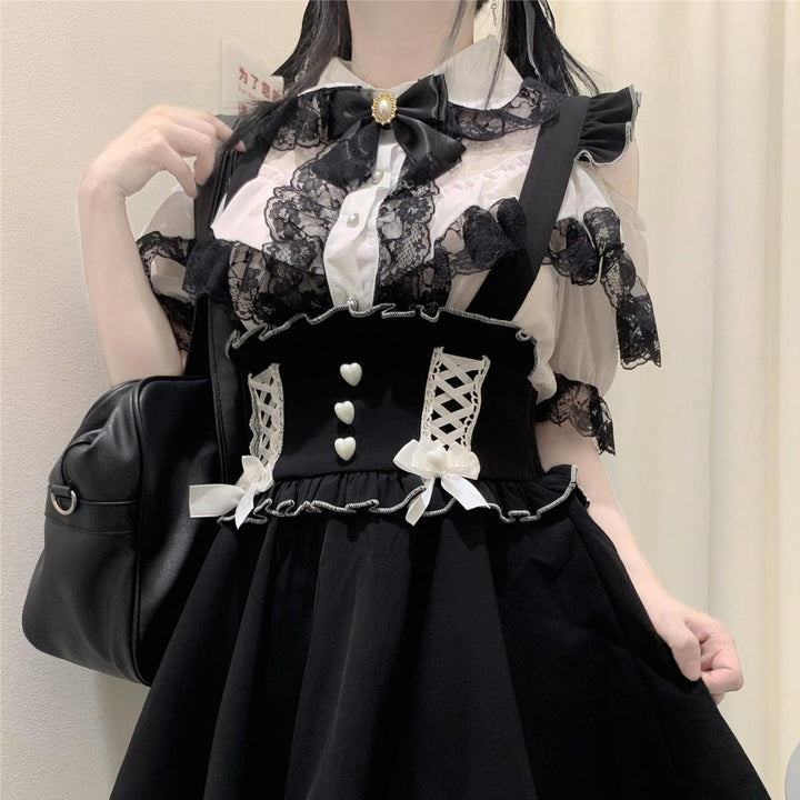 Jirai Kei Shirt Lace Double Layer Short Sleeve Open Shoulder Blouse 35374:529866