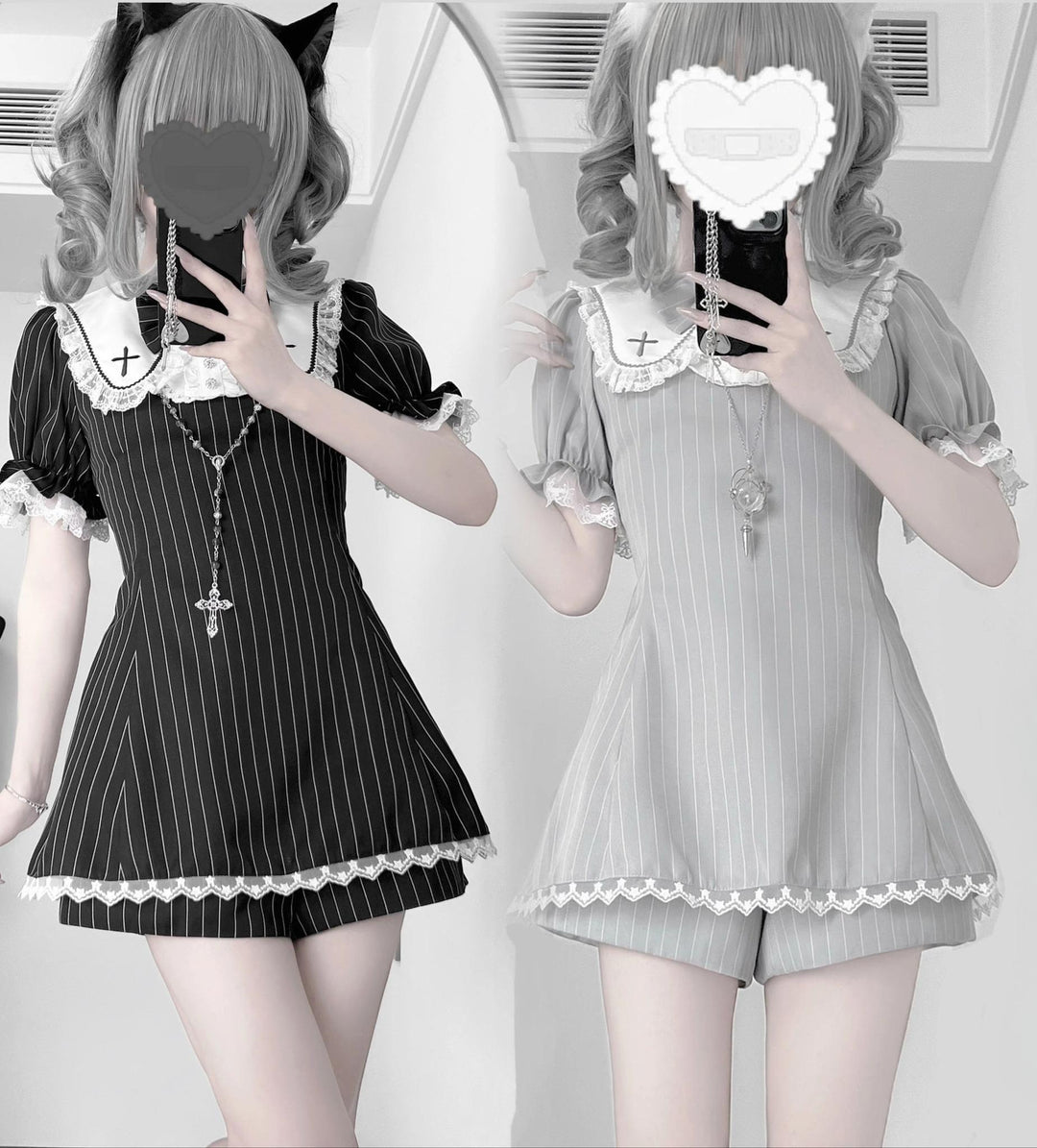 Striped Jirai Kei Dress Set Sailor Collar with Cross Details 42785:753214
