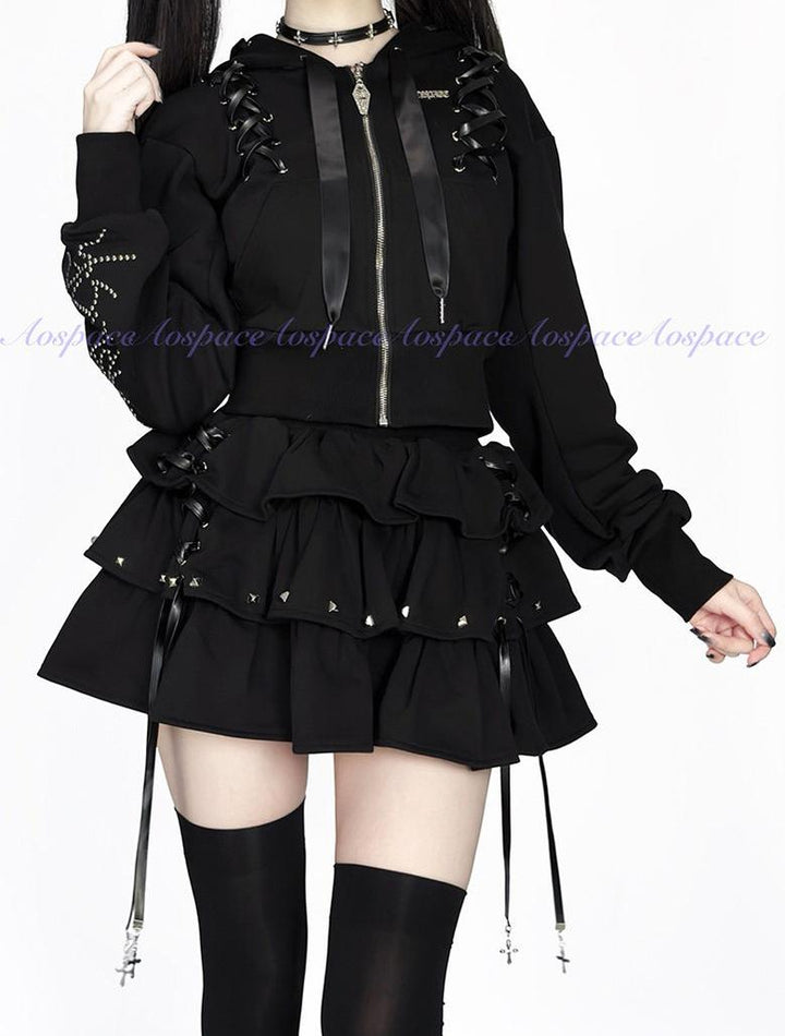 Subculture Skirt Outfit, Short Zipper Closure Hoodie 44484:816743