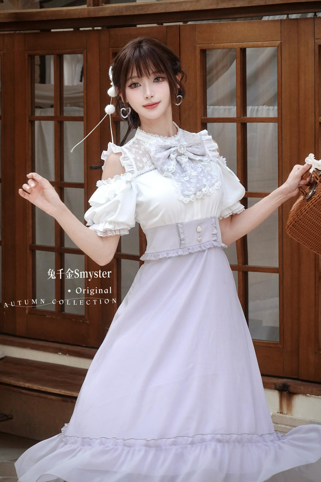 Jirai Kei Open-Shoulder Long Dress, Detachable Bow 44754:824038