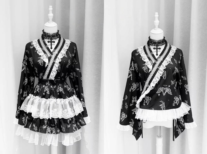 Gothic Blouse and Skirt Yukata Set, Wing Print 45129:836036