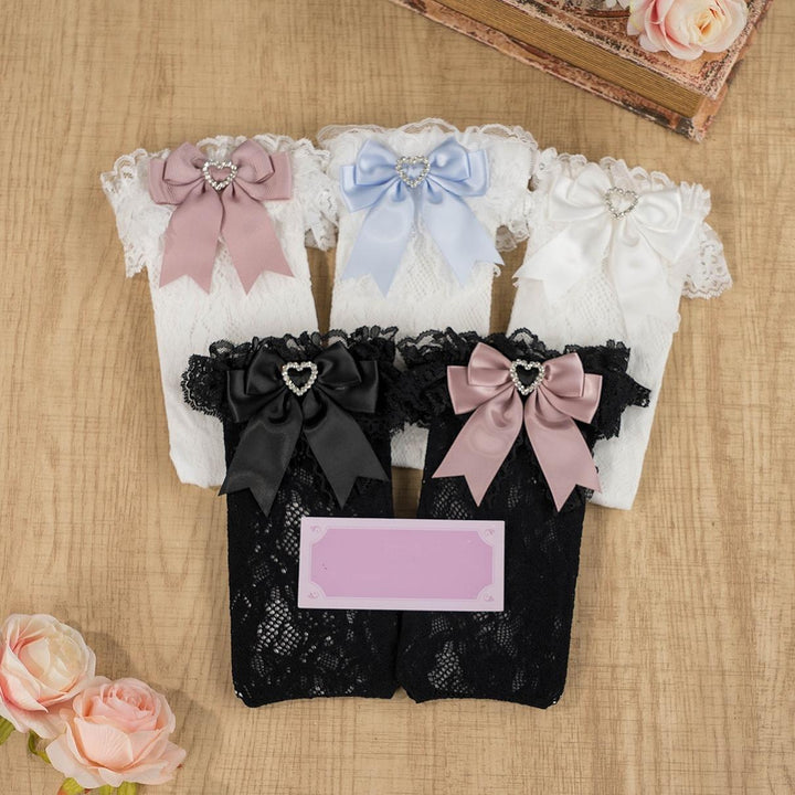 Jirai Kei Socks Kawaii Heart-Shaped Rhinestones and Bow Detail 21542:628840