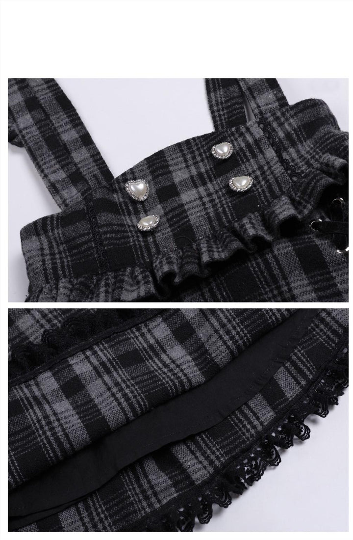 Jirai Kei Set Purple Open-Shoulder Blouse Plaid Suspender Skirt Set 33830:442360