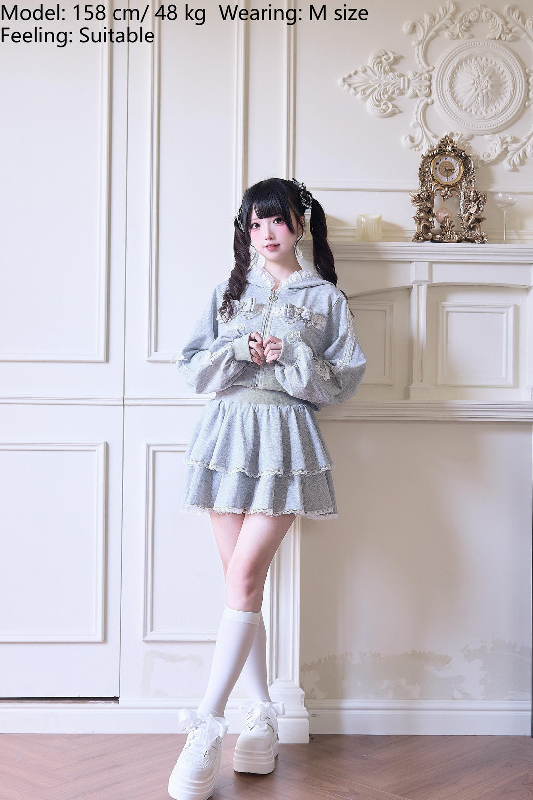 Sport Jirai Kei Hoodie Jacket Pants and Skirt with Lace Detail 42521:744579