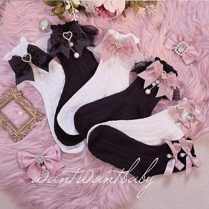 Jirai Kei Socks Black White Pink Blue Bow Lace Socks 21754:320614