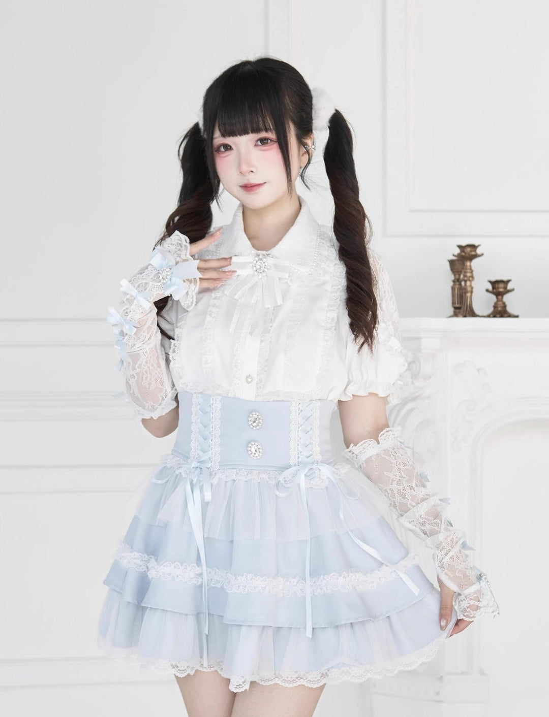 Jirai Kei Lace Arm Sleeves, Ribbon Bows, Rhinestones, Pearl Accents 43316:773896