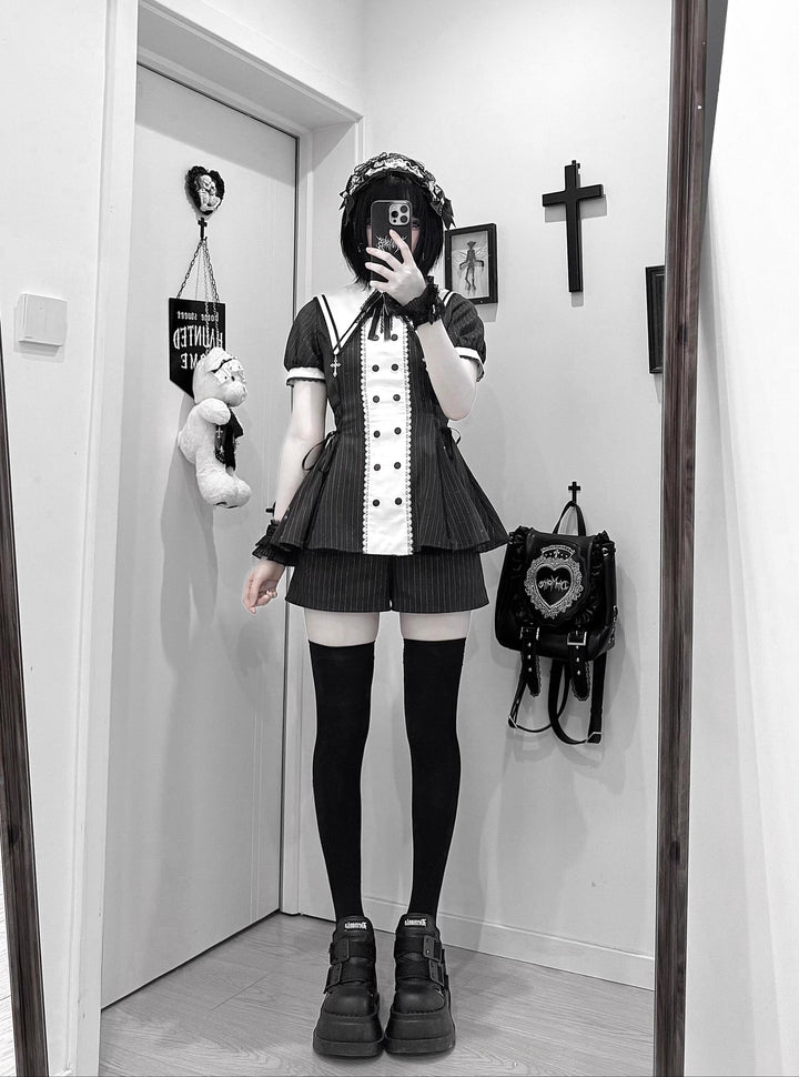 Striped Jirai Kei Set Up, Detachable Collar, Long/Short Sleeve Styles 43401:775827