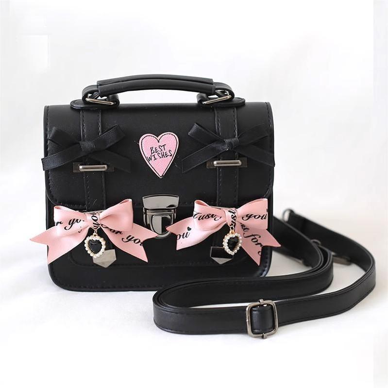 Black Jirai Kei Bag Leather Shoulder Bag With Bows And Rhinestone 33802:449848