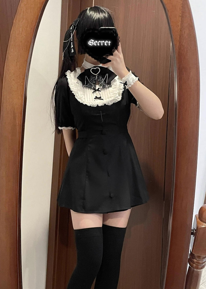 Jirai Kei Dress Set Short-sleeved Lace Knot Bow Dress Shorts 35108:483292