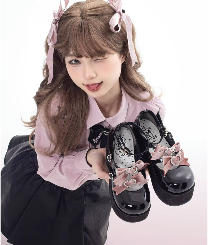 Jirai Kei Black Platform Shoes With Bow and Rhinestone 21982:321670