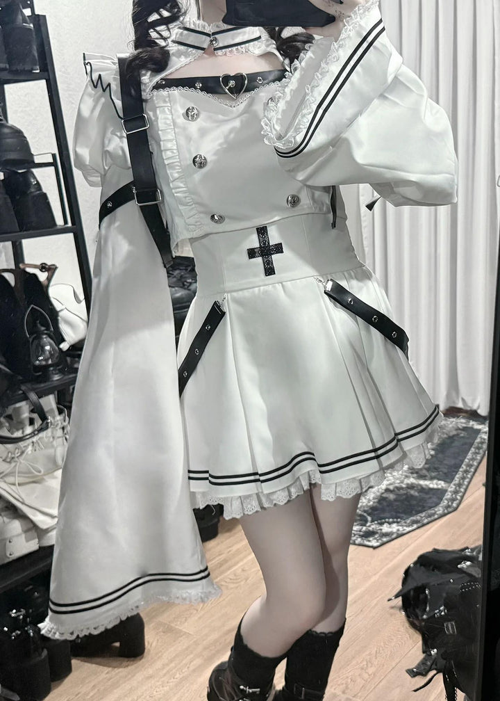 Black-and-White Gothic Top and Skirt Set, Belt & Lace 46072:874681
