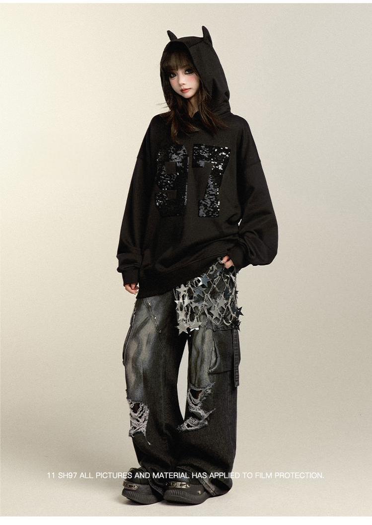 Punk Pants Black Straight Wide Leg Ripped Jeans Autumn 39760:642286