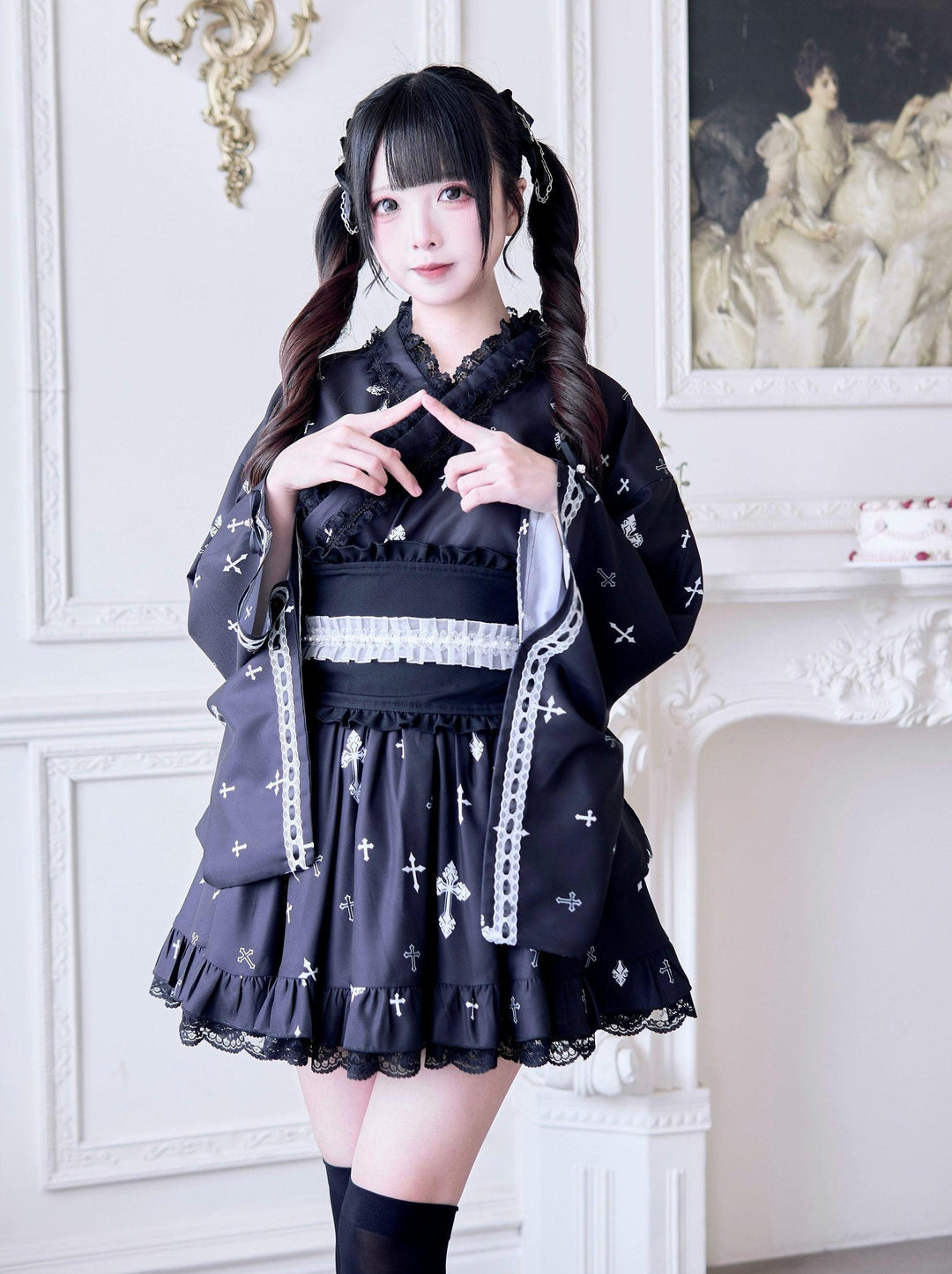 Wa-Style Jirai Kei Kimono Blouse + Ruffle SKirt + Wide Obi Belt 42799:776033