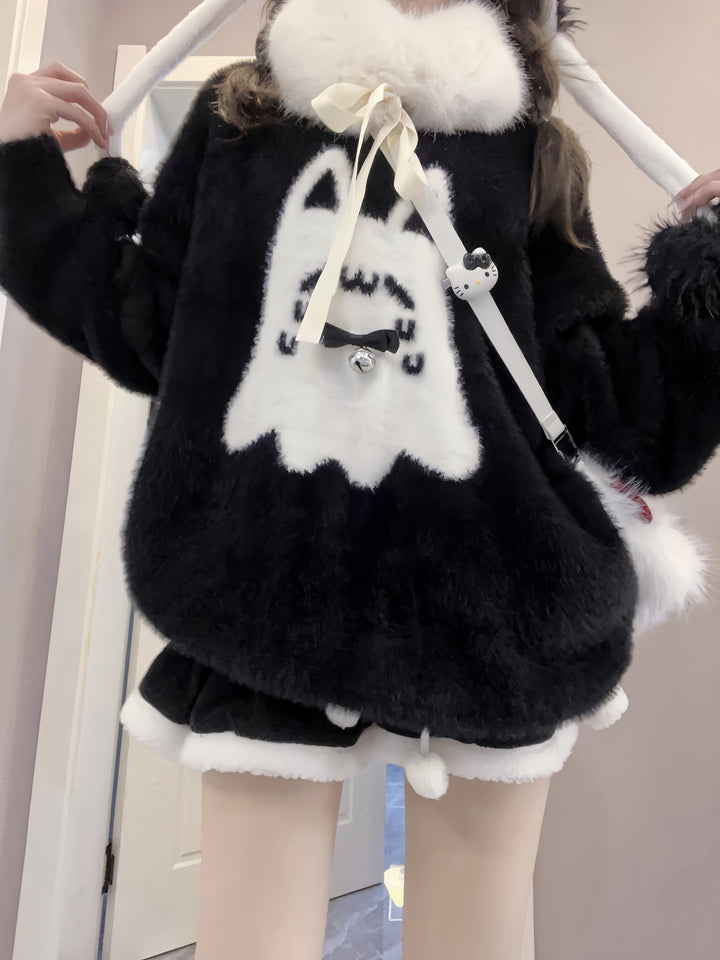 Jirai Kei Sweater Black Ghost Cat Print Couple Sweater 39952:646136
