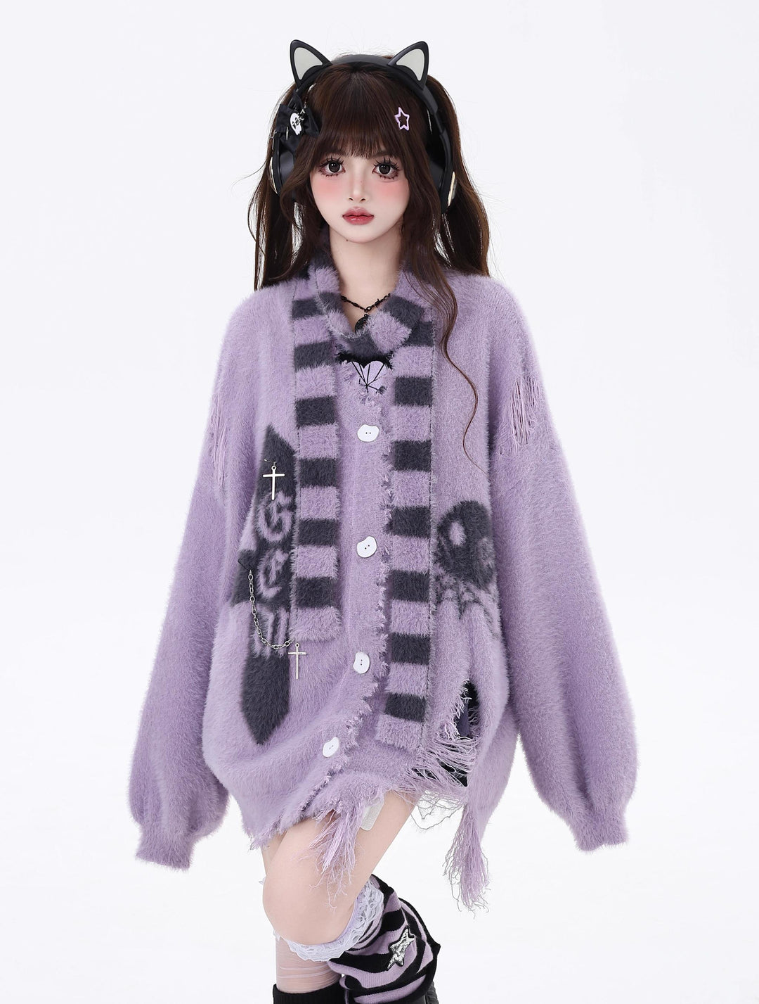 Jirai Kei Sweater Irregular Hem Cardigan With Striped Scarf 40922:680460