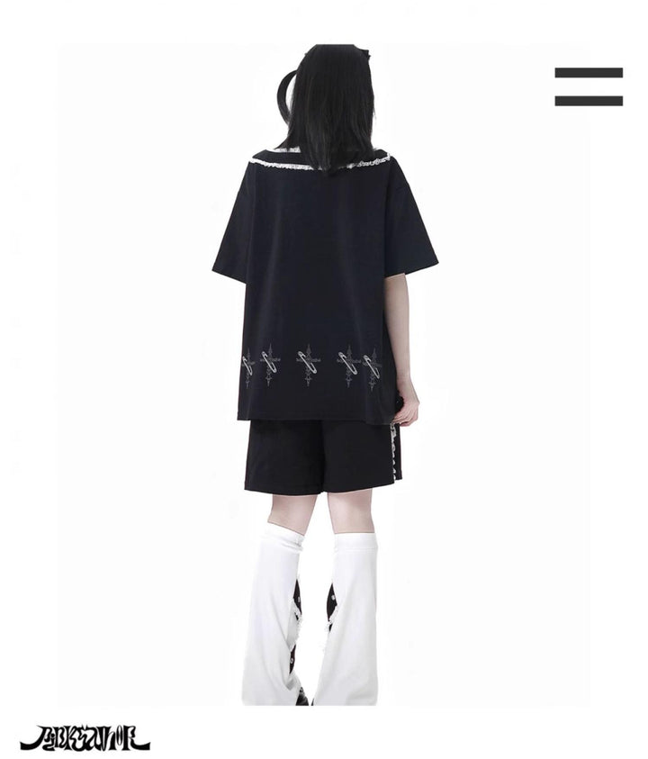Black Cotton Sport-styled Jirai Kei Hoodie Dress & Shorts Set 42980:761496