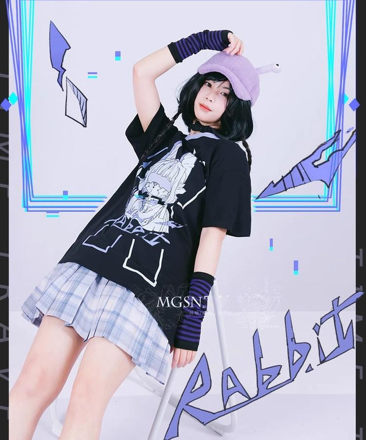 Mechanical Rabbit Print Shirt Purple Pleated Skirt 39060:612170