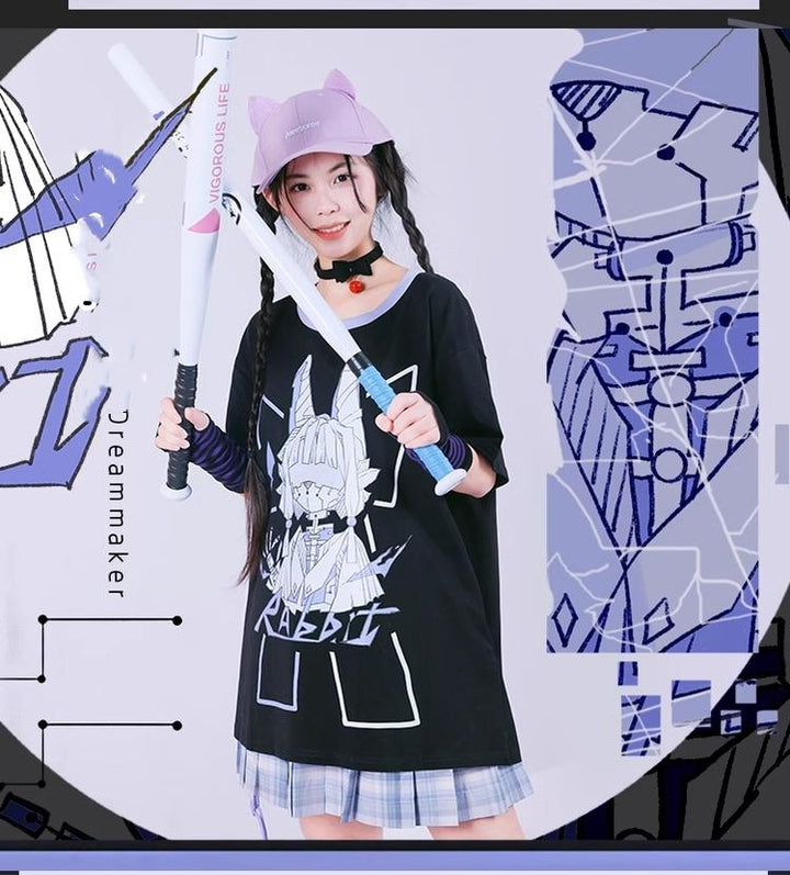 Mechanical Rabbit Print Shirt Purple Pleated Skirt 39060:612168