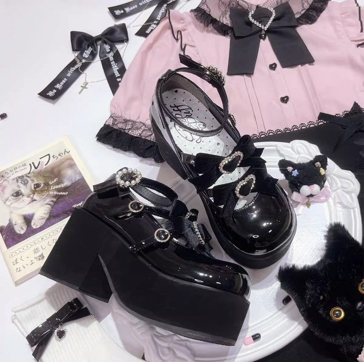Jirai Kei Black Platform Shoes With Bow and Rhinestone 21982:321672