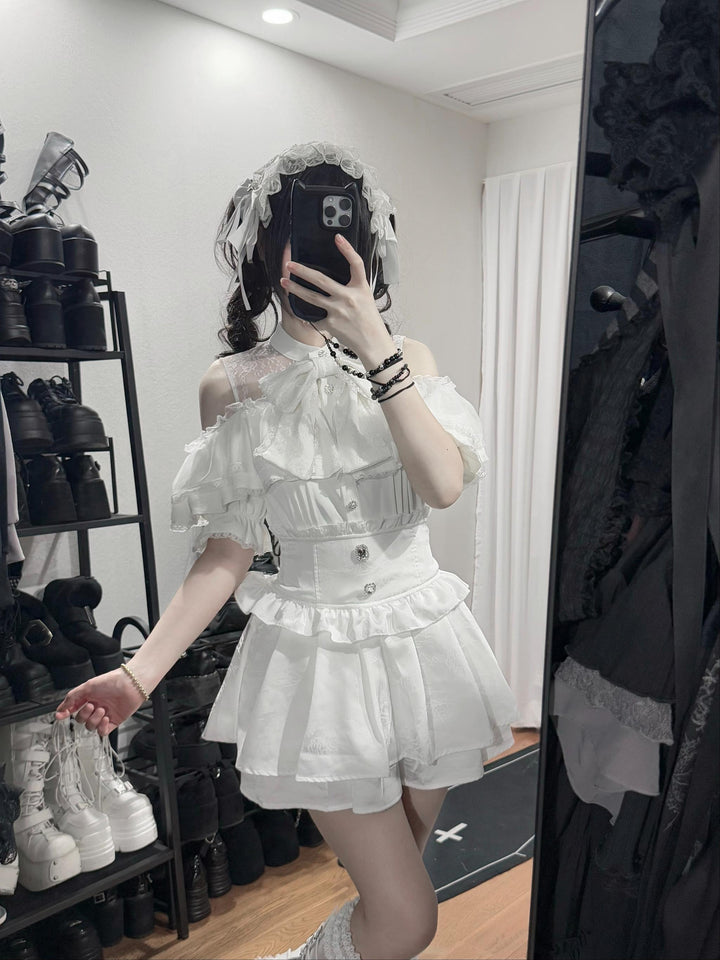 Solid Ryousangata Blouse, Lace Open-shoulder 44164:801597