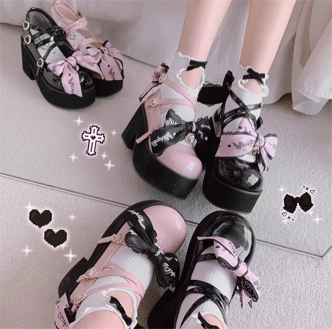 Jirai Kei Shoes Black Pink Platform Shoes Bow Buckle Shoes 21984:351152