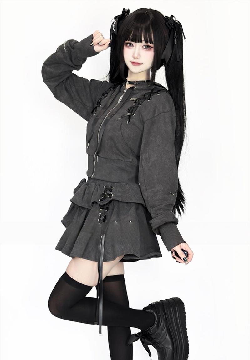 Subculture Skirt Outfit, Short Zipper Closure Hoodie 44484:816753