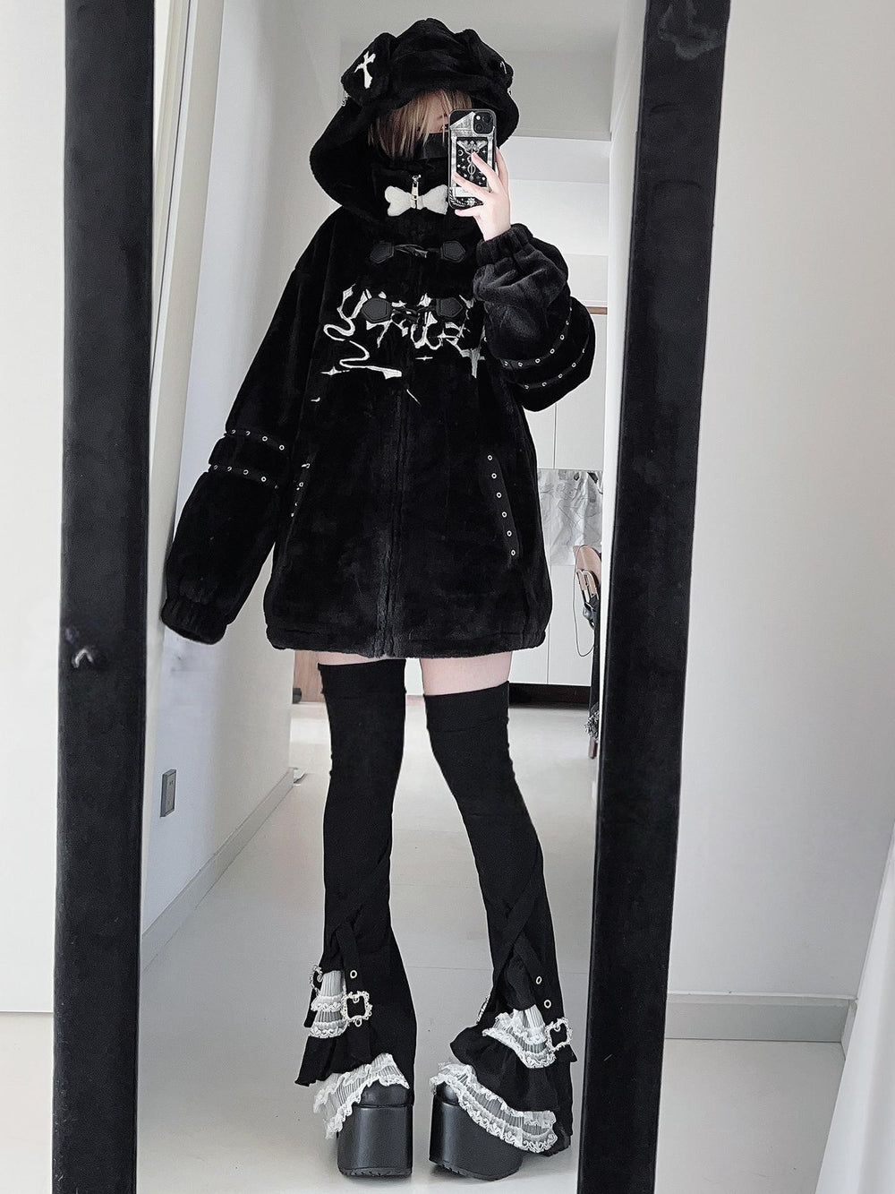 Y2K Black Hooded Coat, Puppy Ear Accents 44416:807599