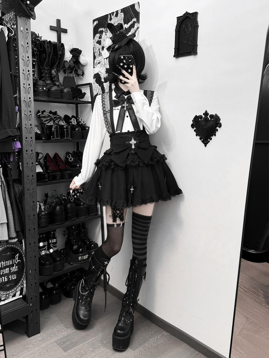 Jirai Kei Suspender Skirt Outfit, Detachable Bowtie 44465:809395