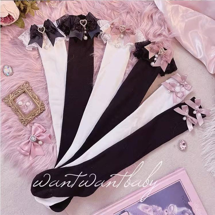 Jirai Kei Socks Black White Pink Blue Bow Lace Socks 21754:320606