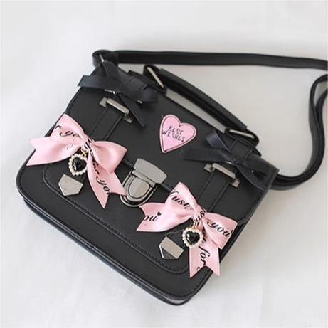 Black Jirai Kei Bag Leather Shoulder Bag With Bows And Rhinestone 33802:449840