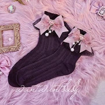 Jirai Kei Socks Black White Pink Blue Bow Lace Socks 21754:320668