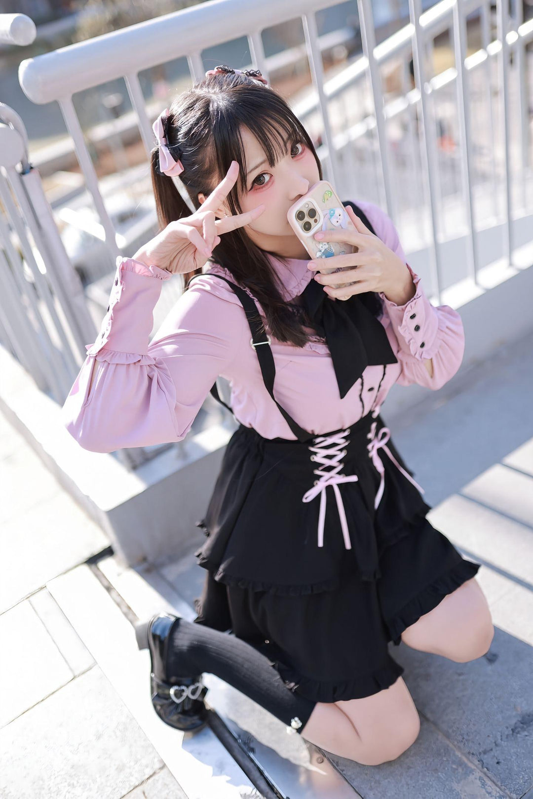 Pink Jirai Kei Blouse, Black Lace Up Skirt 21832:760692