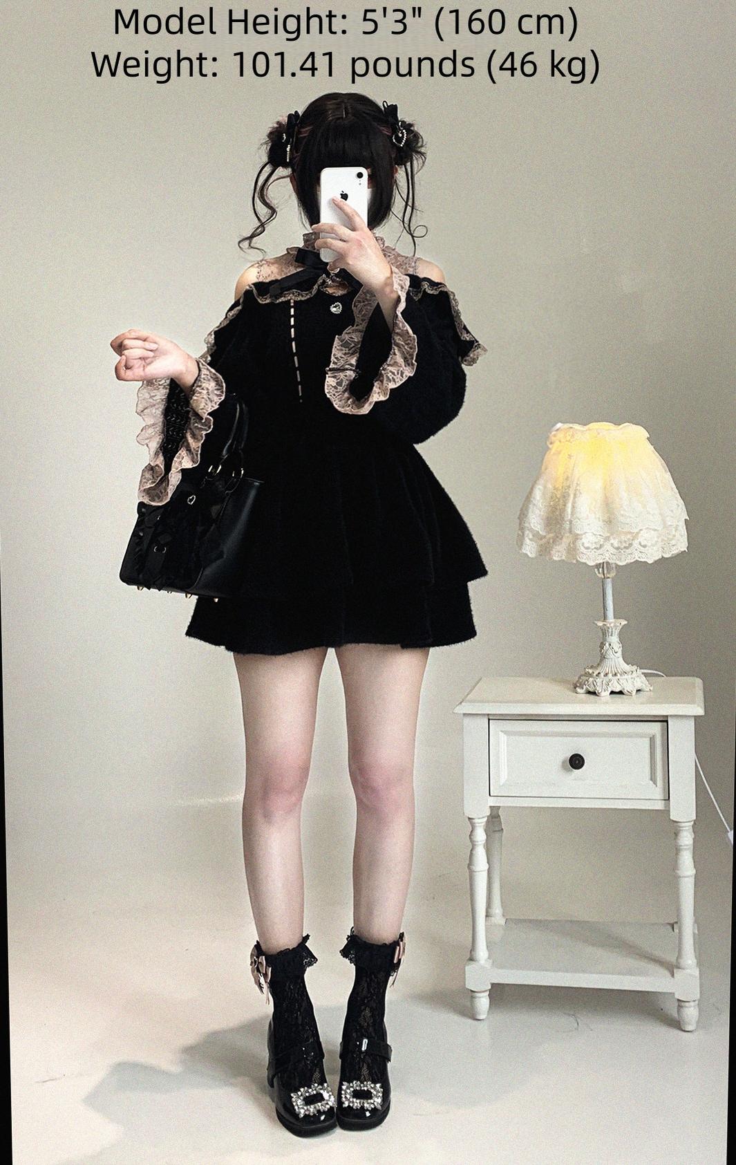Jirai Kei Off-Shoulder Sweater, Lace Neck 44471:811052